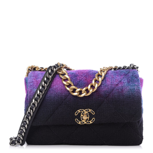 Wool Tweed Quilted Large 19 Flap Purple Black Blue