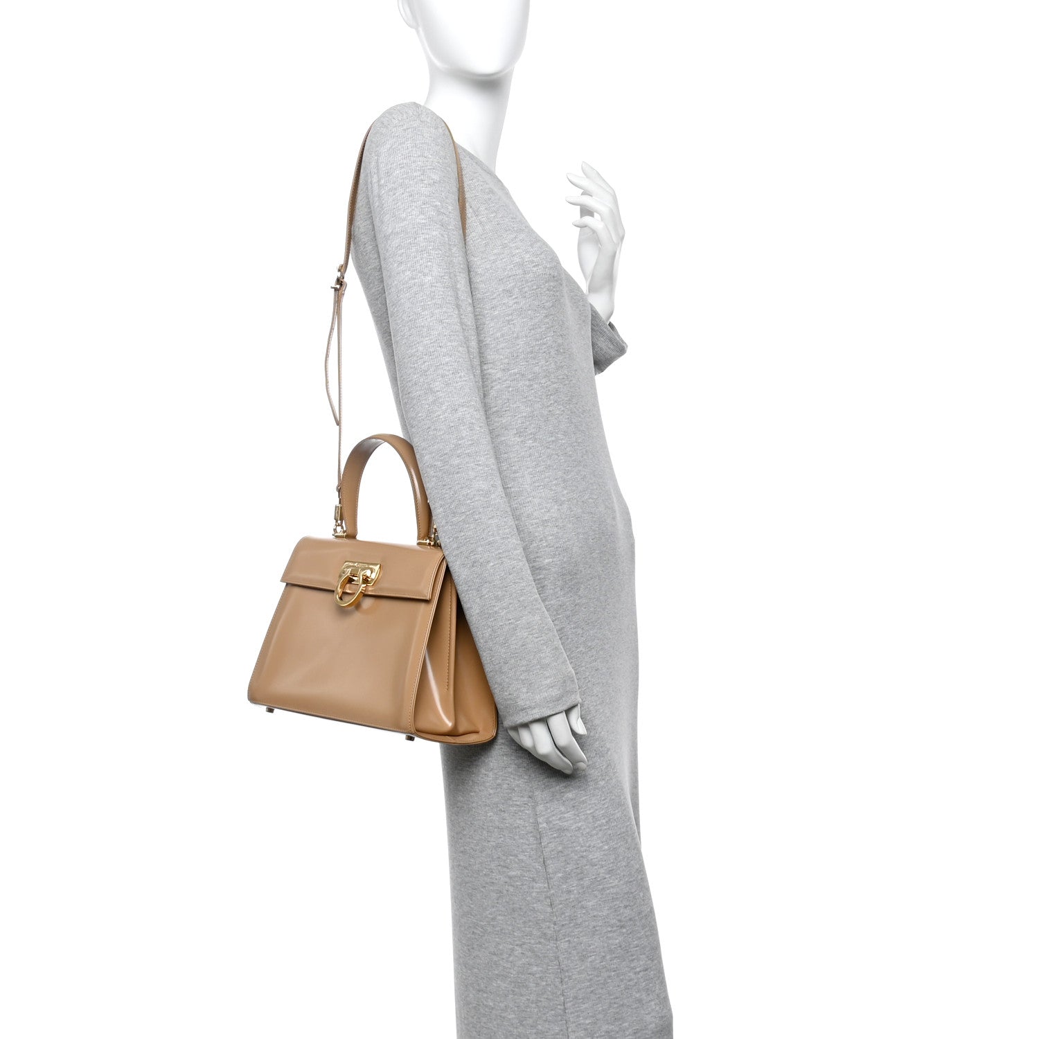 Salvatore Ferragamo Brushed Off Calfskin Iconic Large Top Handle Bag Camel 2 of 15