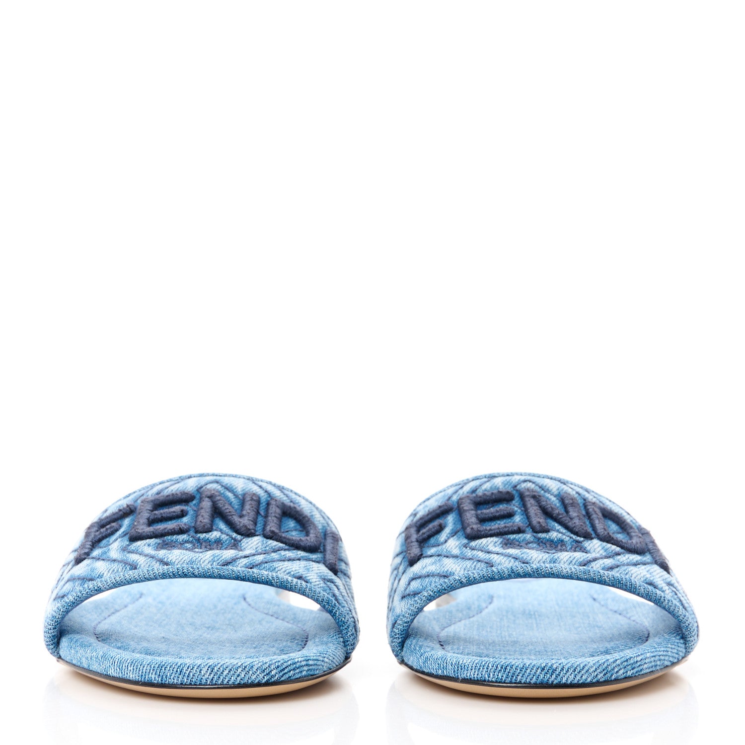 Fendi Denim Print Logo Flat Slide Sandals 39 Navy Blue 2 of 9