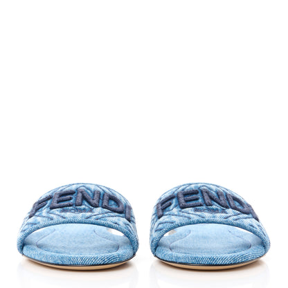 Fendi Denim Print Logo Flat Slide Sandals 39 Navy Blue 2 of 9