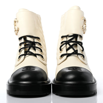 Chanel Shiny Goatskin Calfskin Quilted Lace Up Combat Boots 39 White Black 2 of 9