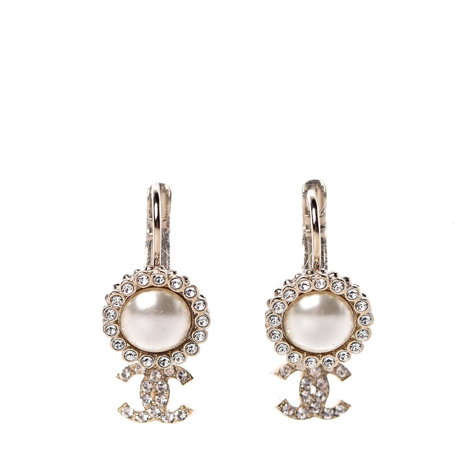 Chanel Crystal Pearl CC Drop Earrings Light Gold 1 of 5