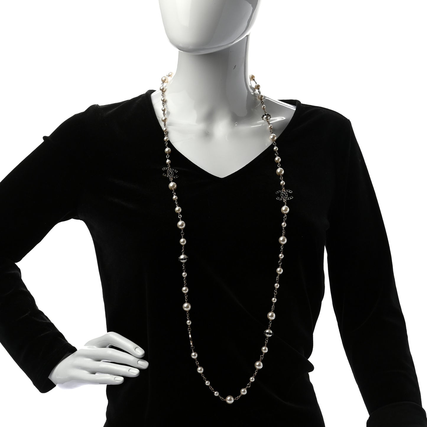 Pearl Crystal CC Long Necklace Black Gold