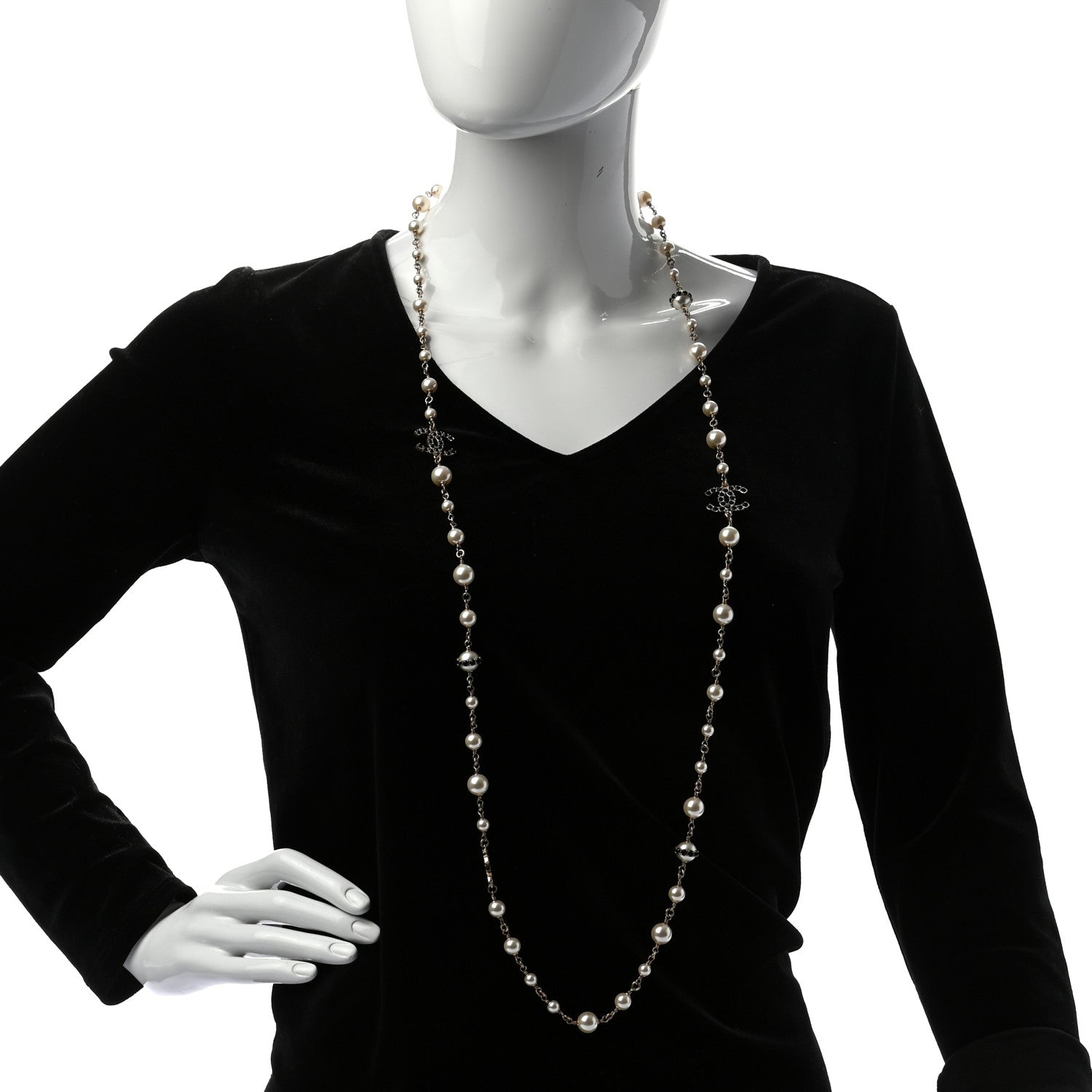 Chanel Pearl Crystal CC Long Necklace Black Gold 2 of 5