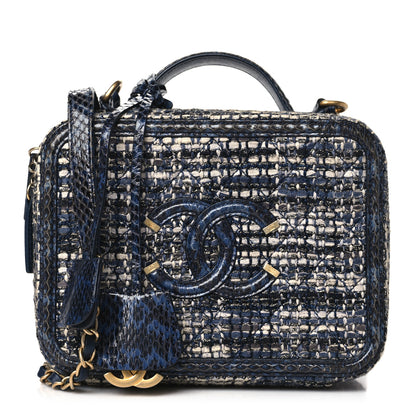 Chanel Tweed Snakeskin Quilted Medium CC Filigree Vanity Case Dark Navy 1 of 10