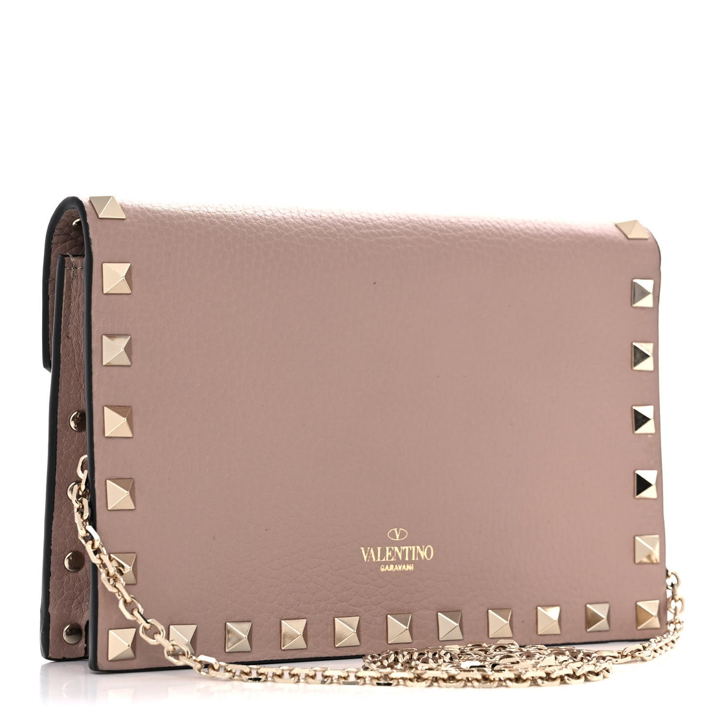 Pebbled Calfskin Rockstud Envelope Wallet on Chain Poudre