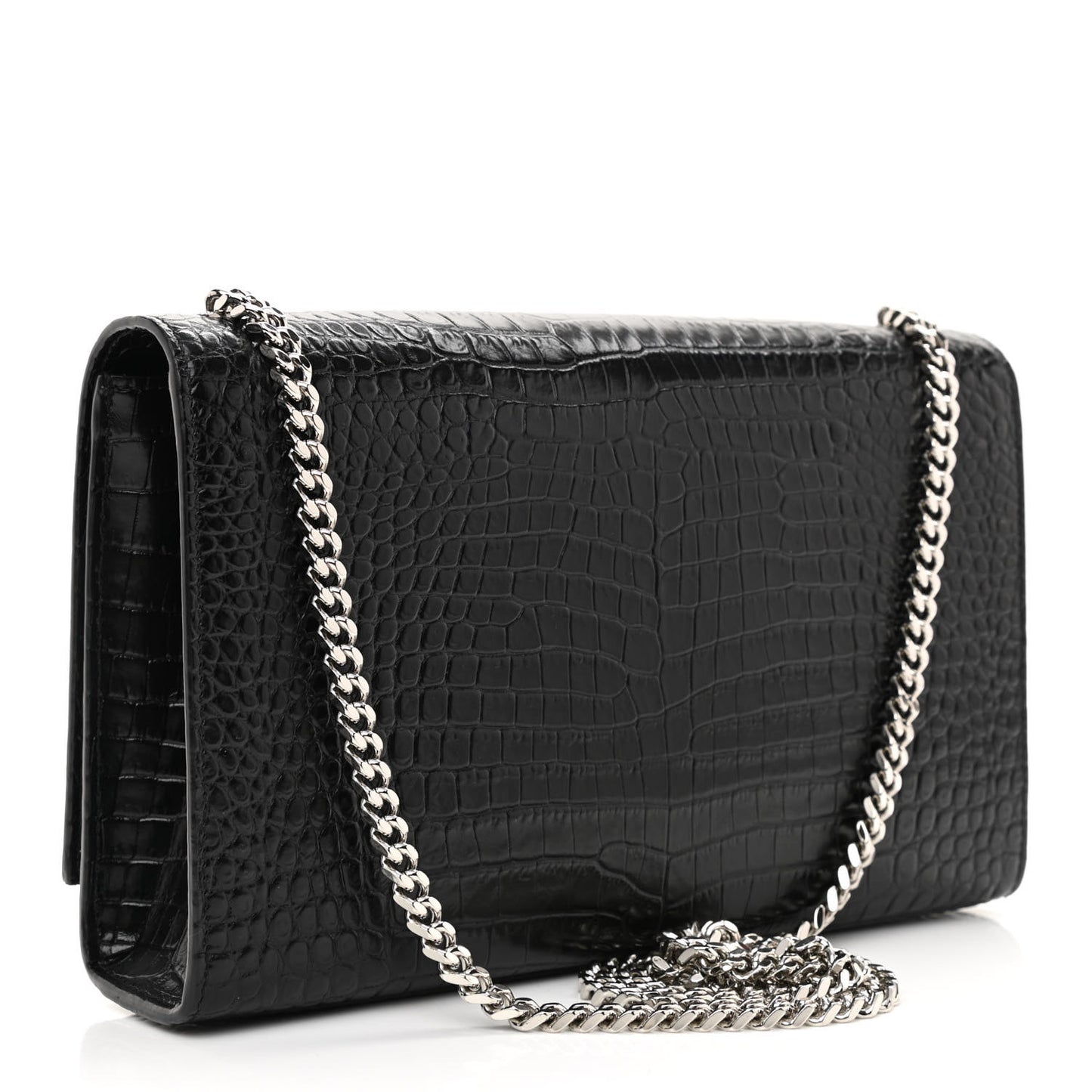 Calfskin Crocodile Embossed Medium Classic Monogram Kate Tassel Satchel Black