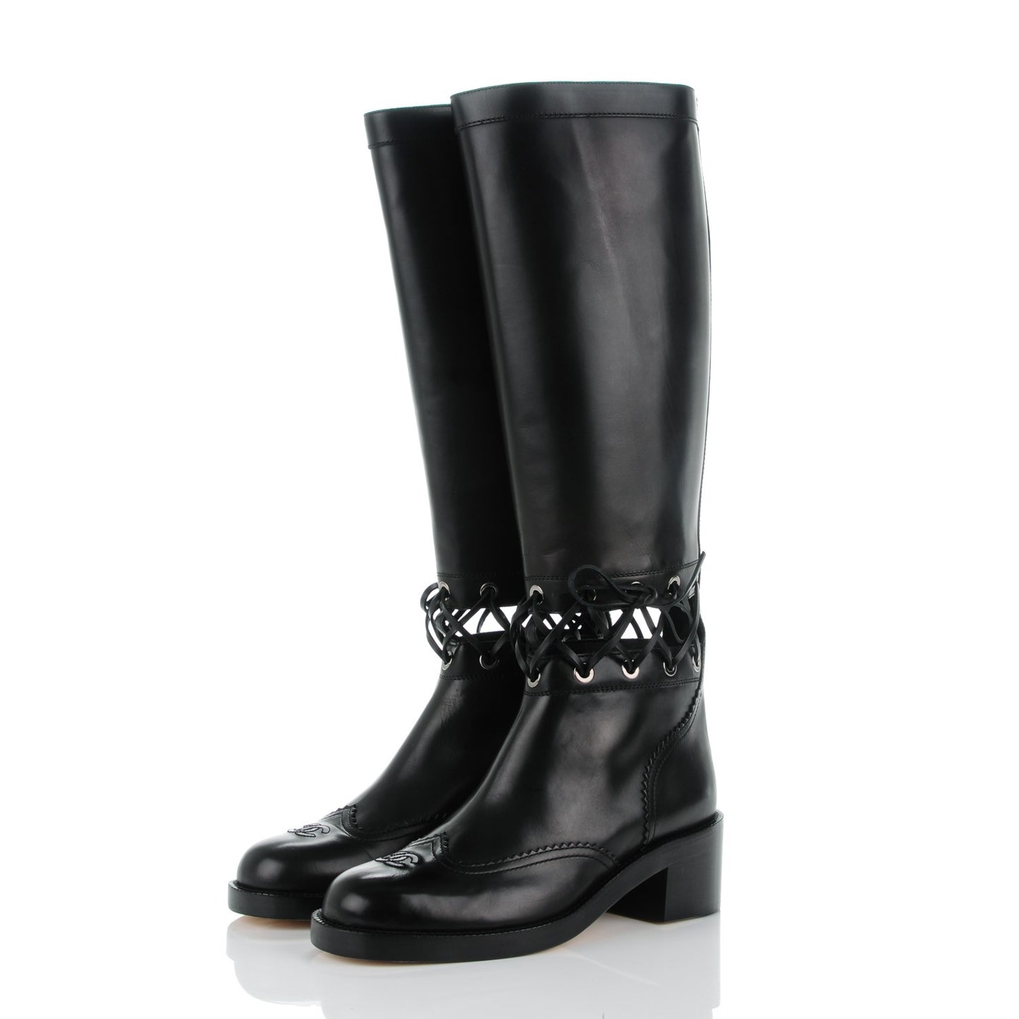 Calfskin Lace Up Knee High Boots 40.5 Black