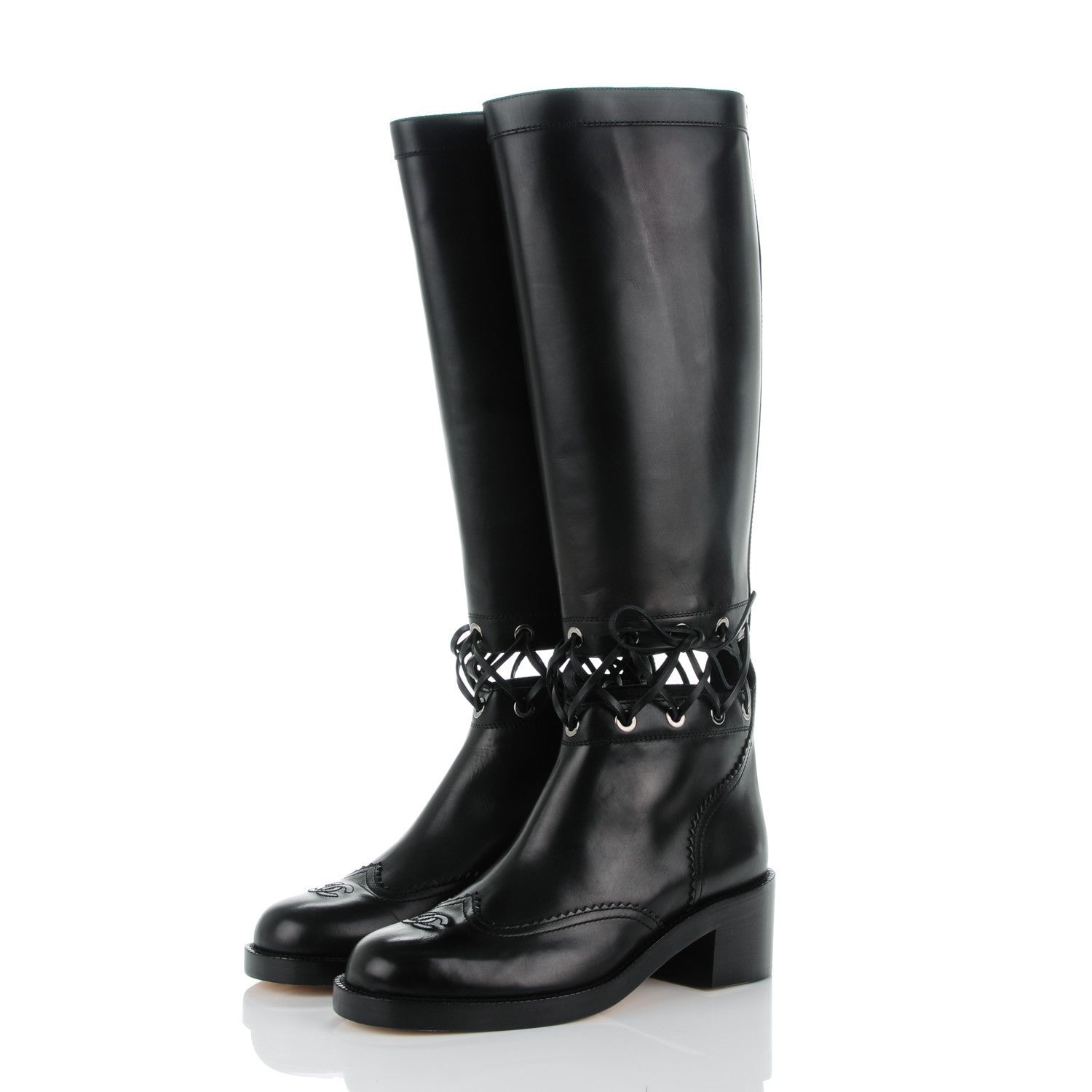 Chanel Calfskin Lace Up Knee High Boots 40.5 Black 3 of 9