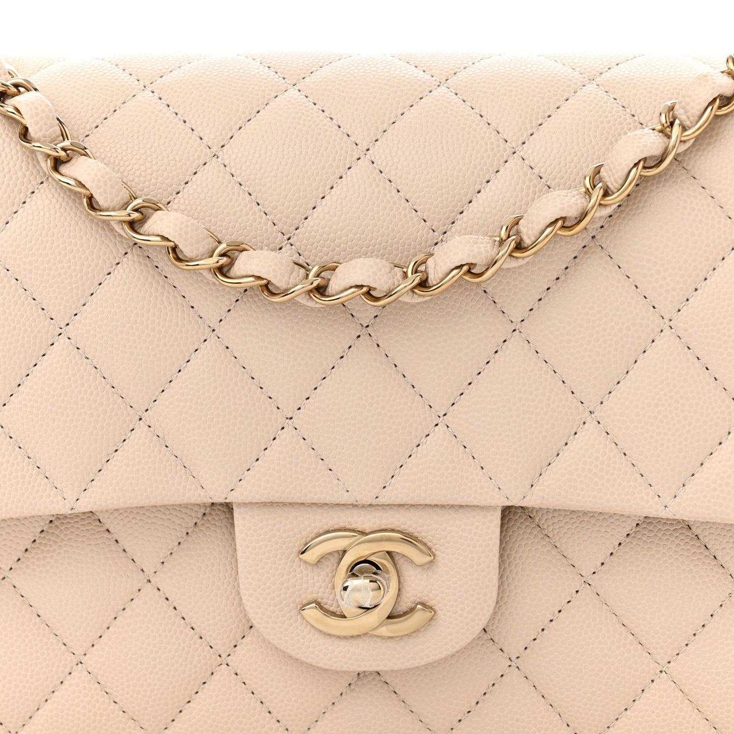 Caviar Quilted Medium Double Flap Light Beige