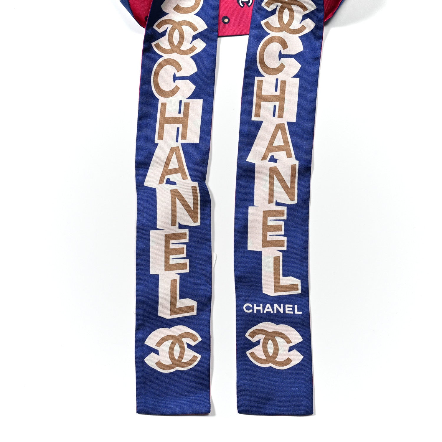 Chanel Silk Twill Slim Bandeau Scarf Blue Ecru Beige 2 of 3