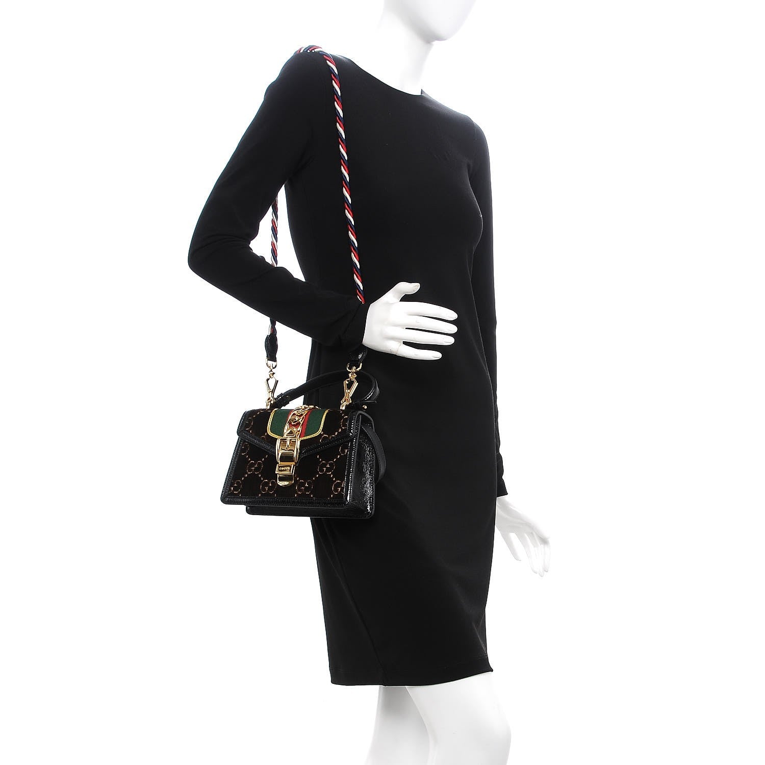 Gucci Velvet GG Monogram Web Mini Sylvie Top Handle Bag Brown Black Oro Vecchio 3 of 8