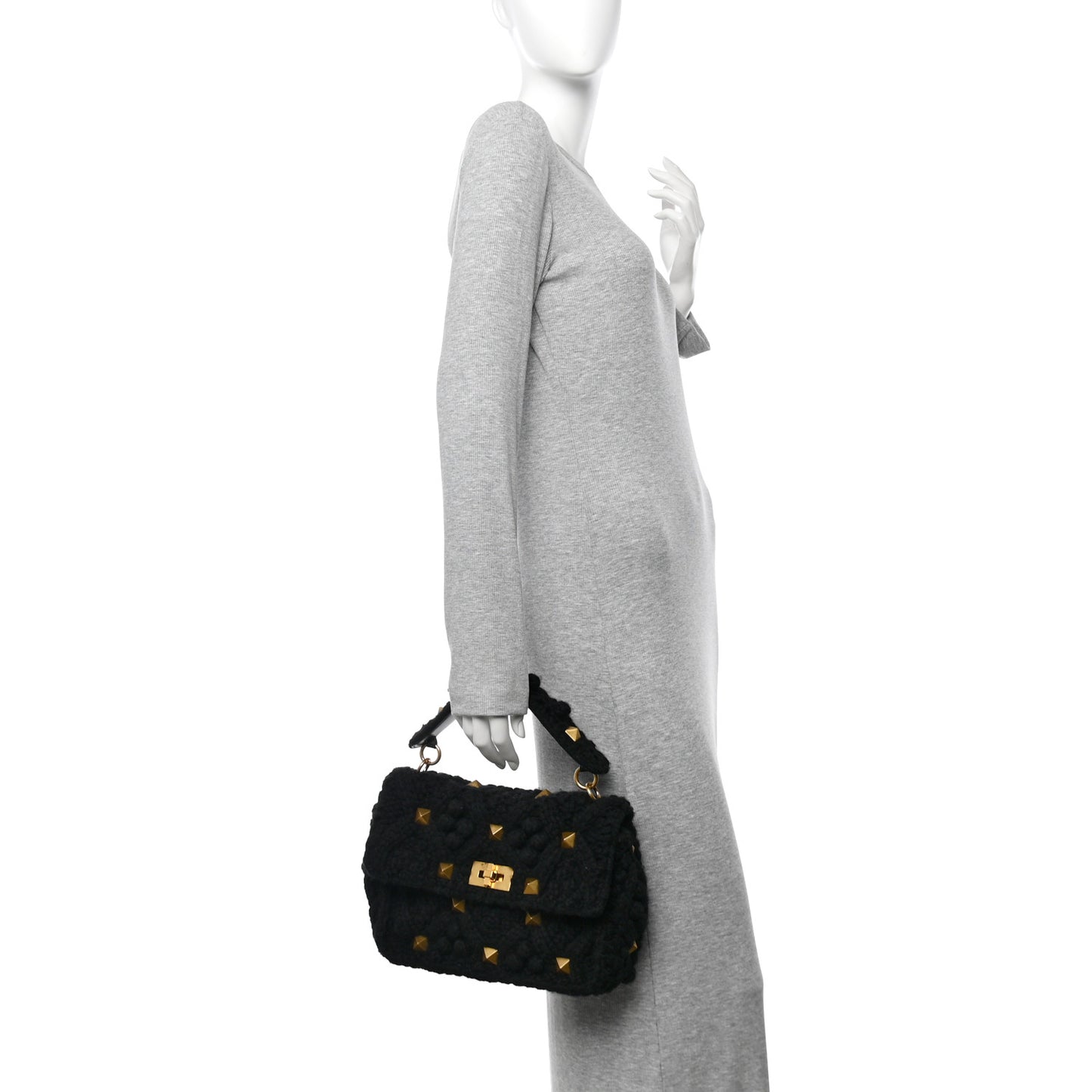 Cashmere Knit Large Roman Stud Shoulder Bag Black