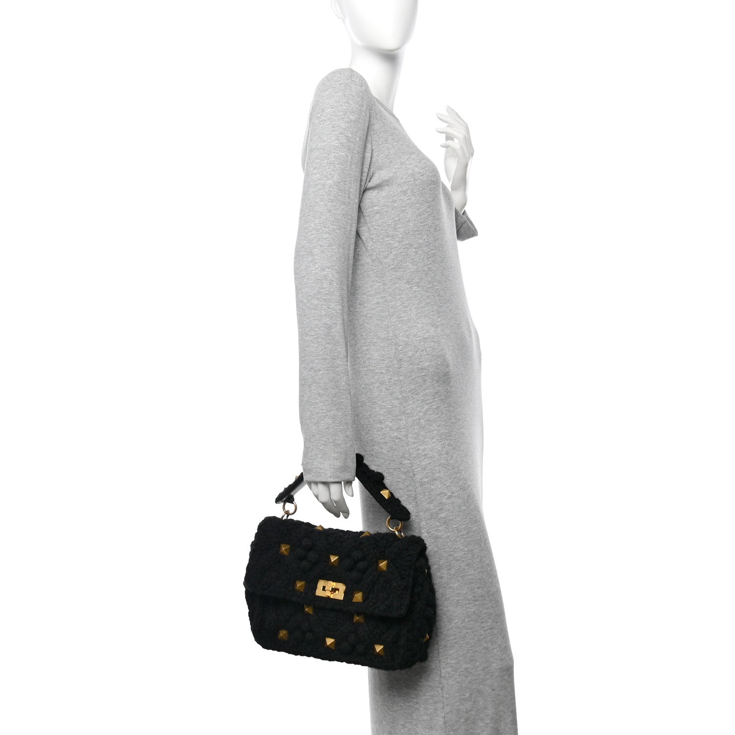 Valentino Garavani Cashmere Knit Large Roman Stud Shoulder Bag Black 2 of 9