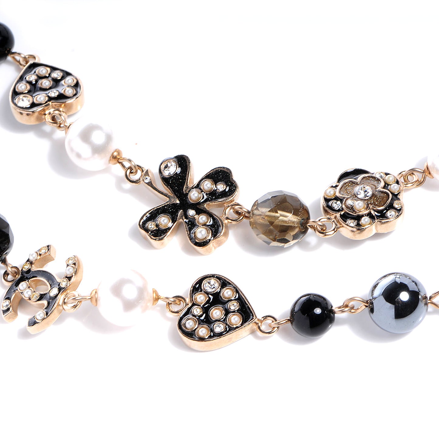 Pearl Crystal CC Beaded Lucky Charms Long Necklace Gold