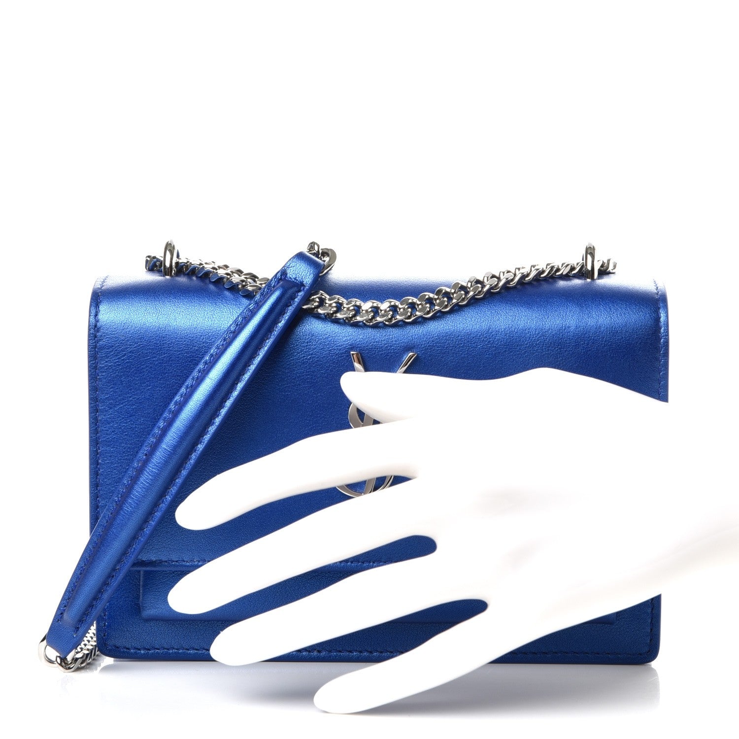 Saint Laurent Metallic Calfskin Monogram Sunset Chain Wallet Blue Royal 3 of 10