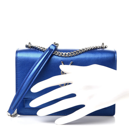 Saint Laurent Metallic Calfskin Monogram Sunset Chain Wallet Blue Royal 3 of 10