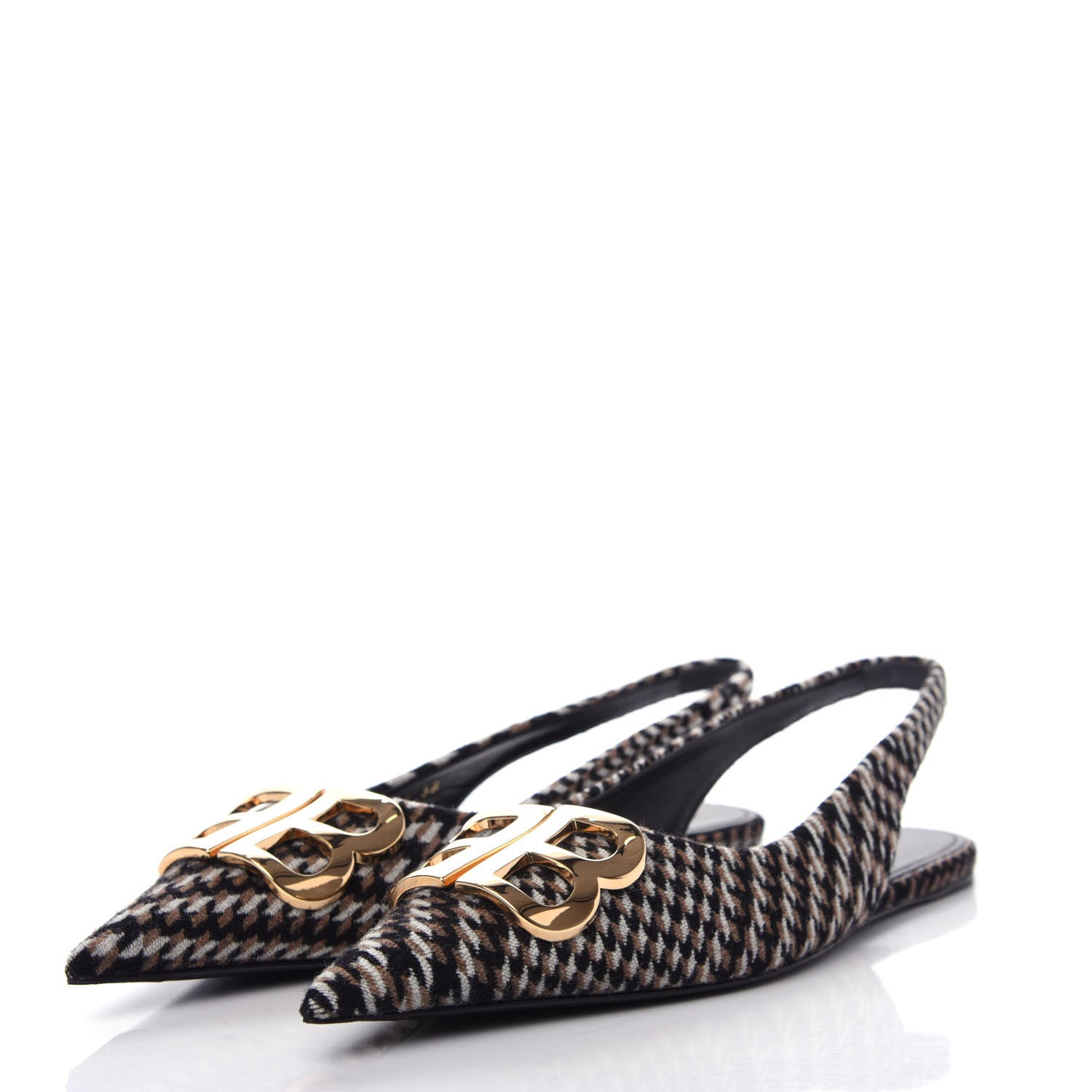 Balenciaga Tweed Prince Of Wales BB Knife Pointy Toe Slingback Flats 38 Camel Black 3 of 11