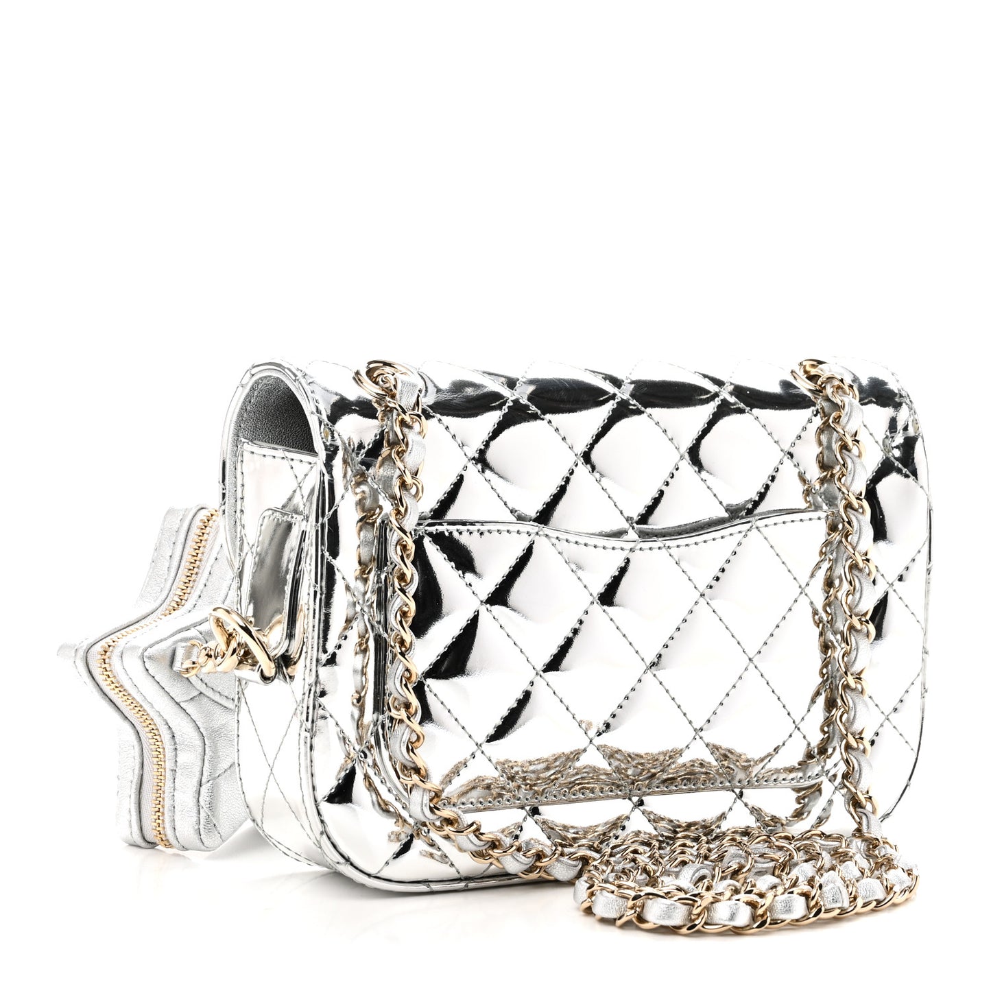 Mirror Calfskin Metallic Calfskin Quilted Hollywood Boulevard Mini Flap With Star Coin Purse Silver