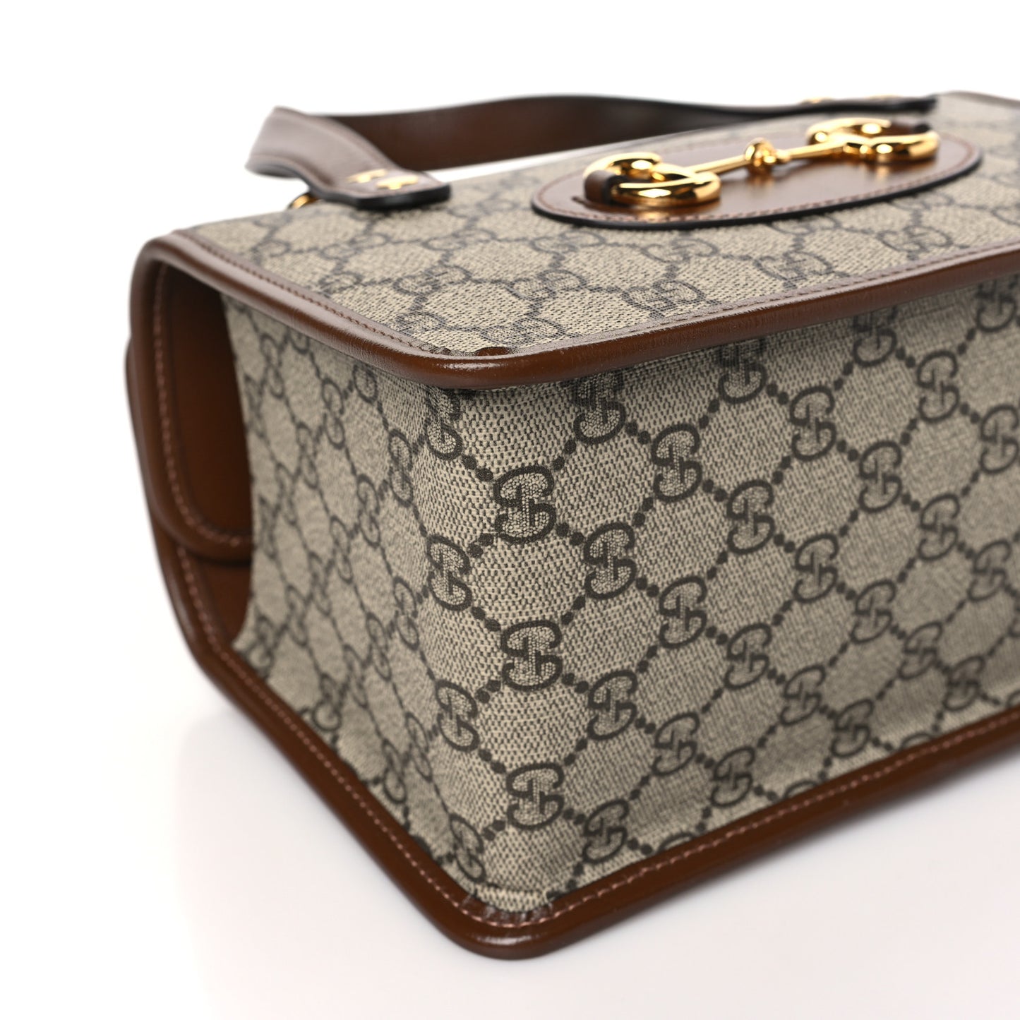 GG Supreme Monogram Azalea Calfskin Mini Horsebit 1955 Foldover Top Handle Bag Beige Ebony Brown Sugar
