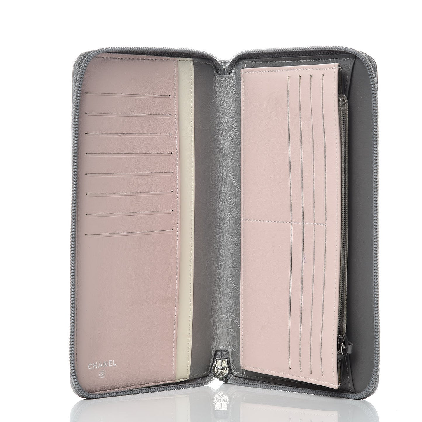 Metallic Aged Calfskin Quilted Palette Large Zip Around Organizer Wallet Silver
