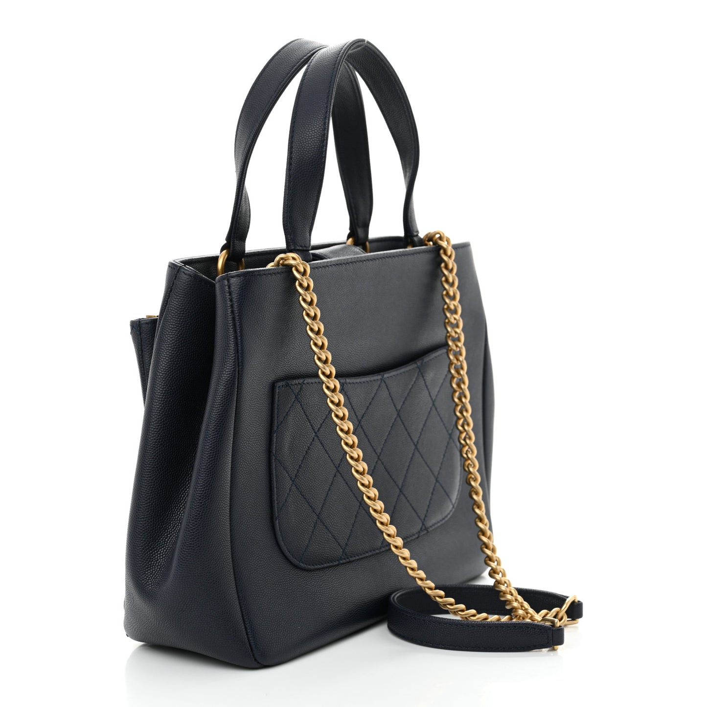 Grained Calfskin Stitched Small Lady Coco Top Handle Tote Navy
