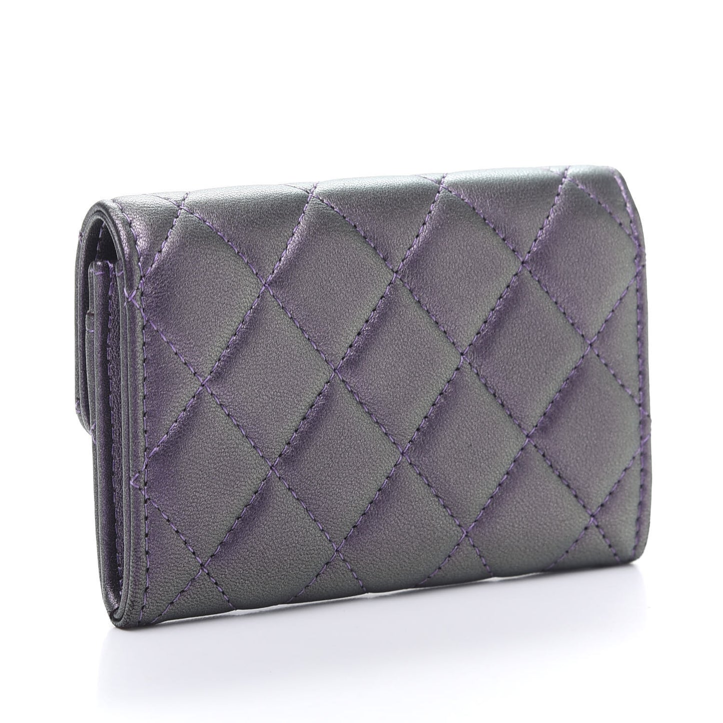 Iridescent Lambskin Quilted Flap Card Holder Purple