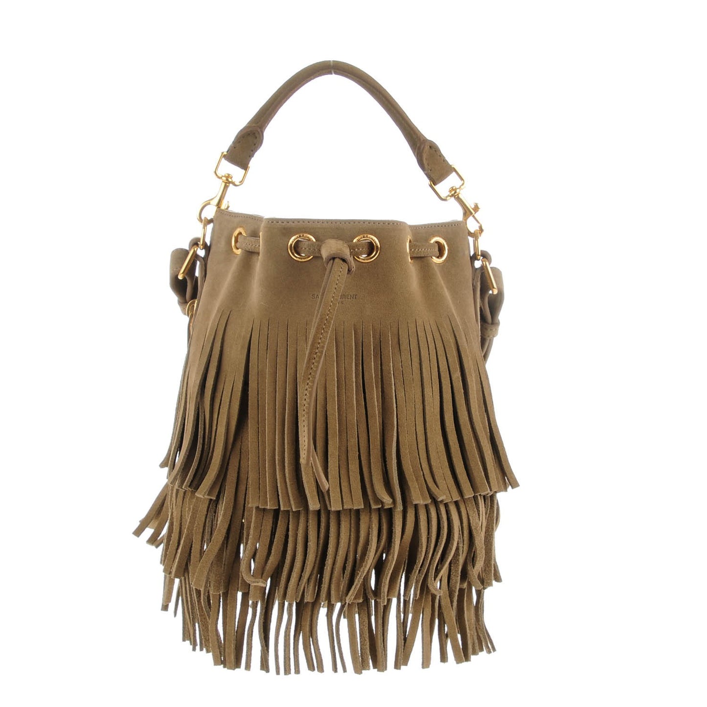 Suede Calfskin Small Emmanuelle Fringe Bucket Bag Khaki