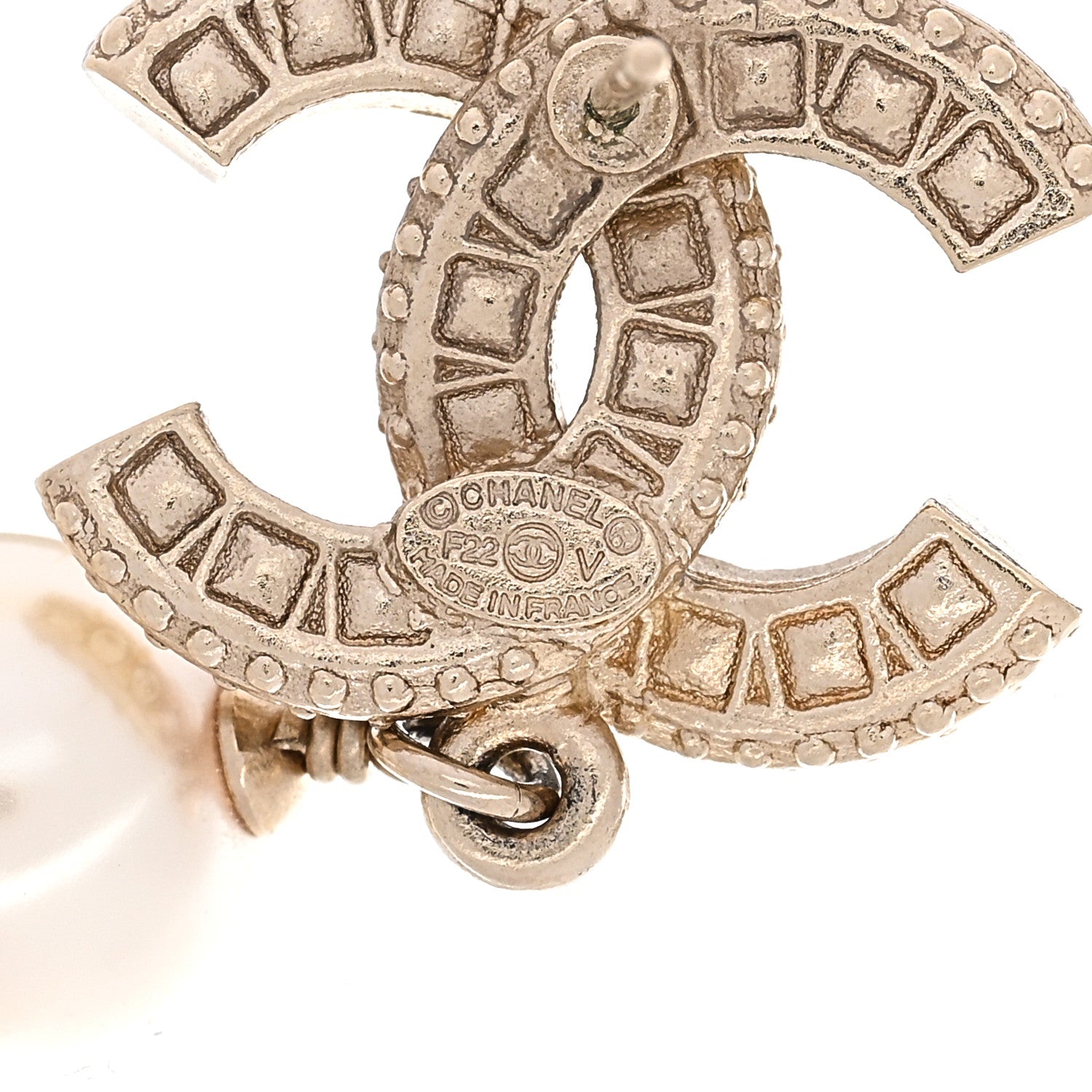 Chanel Crystal Timeless CC Pearl Drop Earrings Light Gold 4 of 4