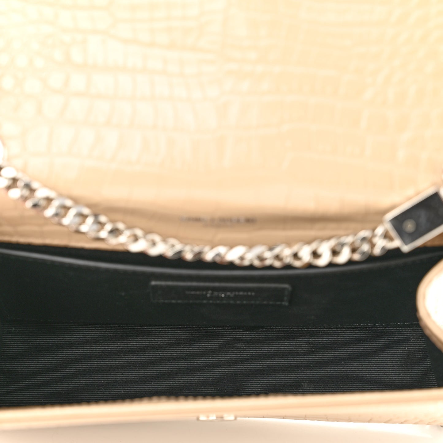 Calfskin Crocodile Embossed Small Classic Monogram Kate Tassel Satchel Nude Powder