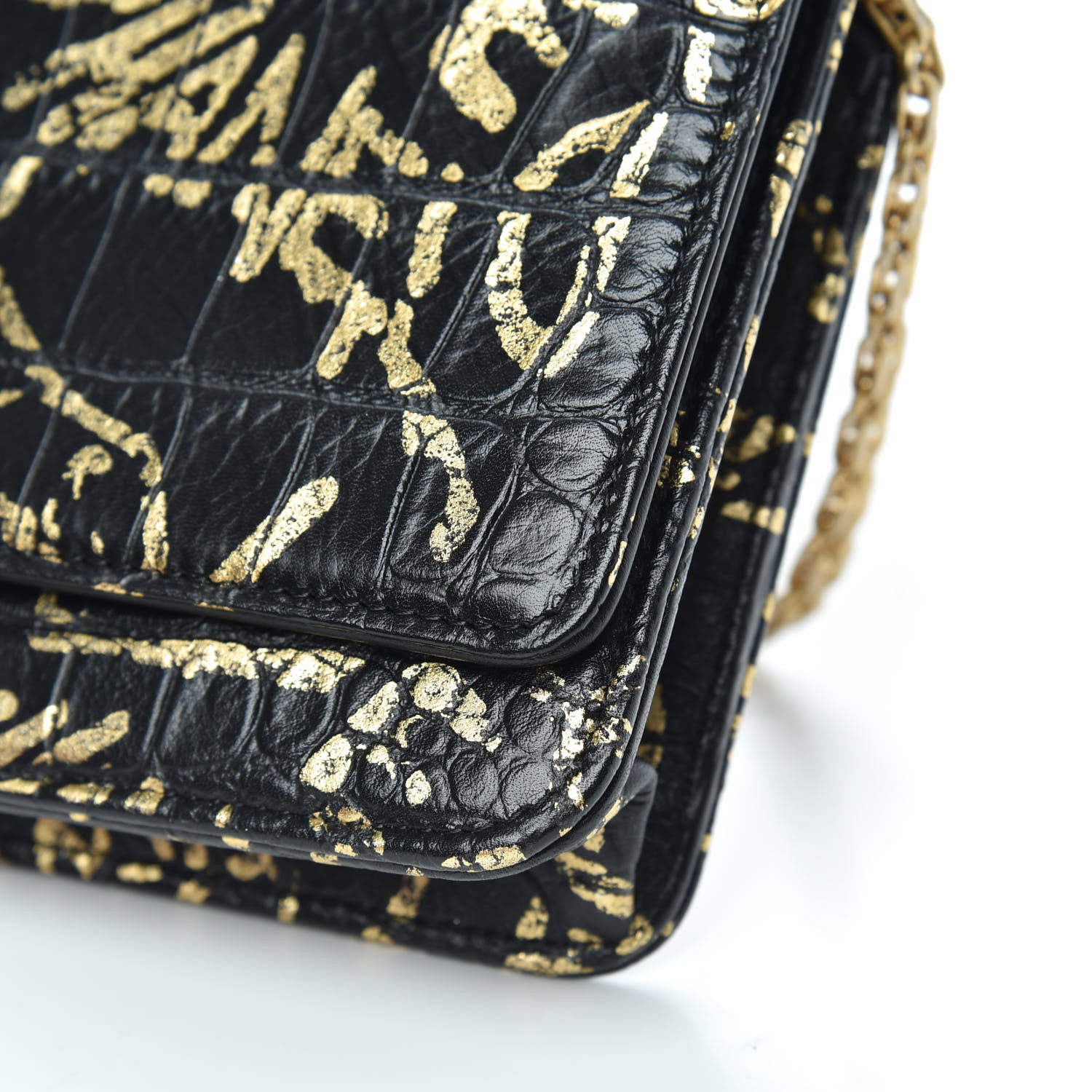 Chanel Calfskin Crocodile Embossed Graffiti 2.55 Cocodile Reissue Wallet On Chain WOC Black Gold 10 of 12