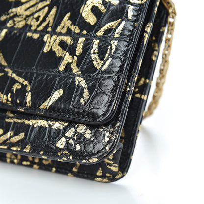 Chanel Calfskin Crocodile Embossed Graffiti 2.55 Cocodile Reissue Wallet On Chain WOC Black Gold 10 of 12