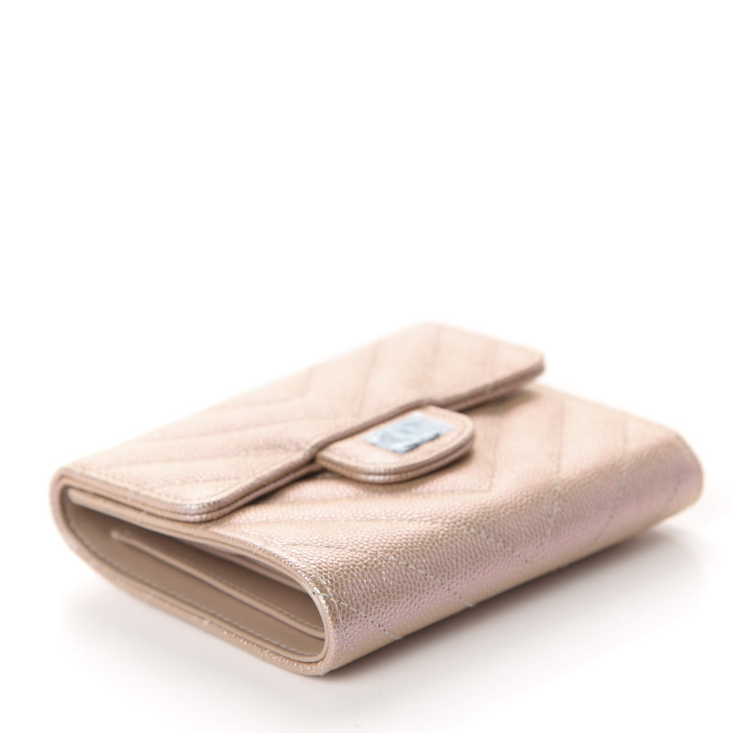 Metallic Caviar Chevron Quilted Compact Flap Wallet Light Gold