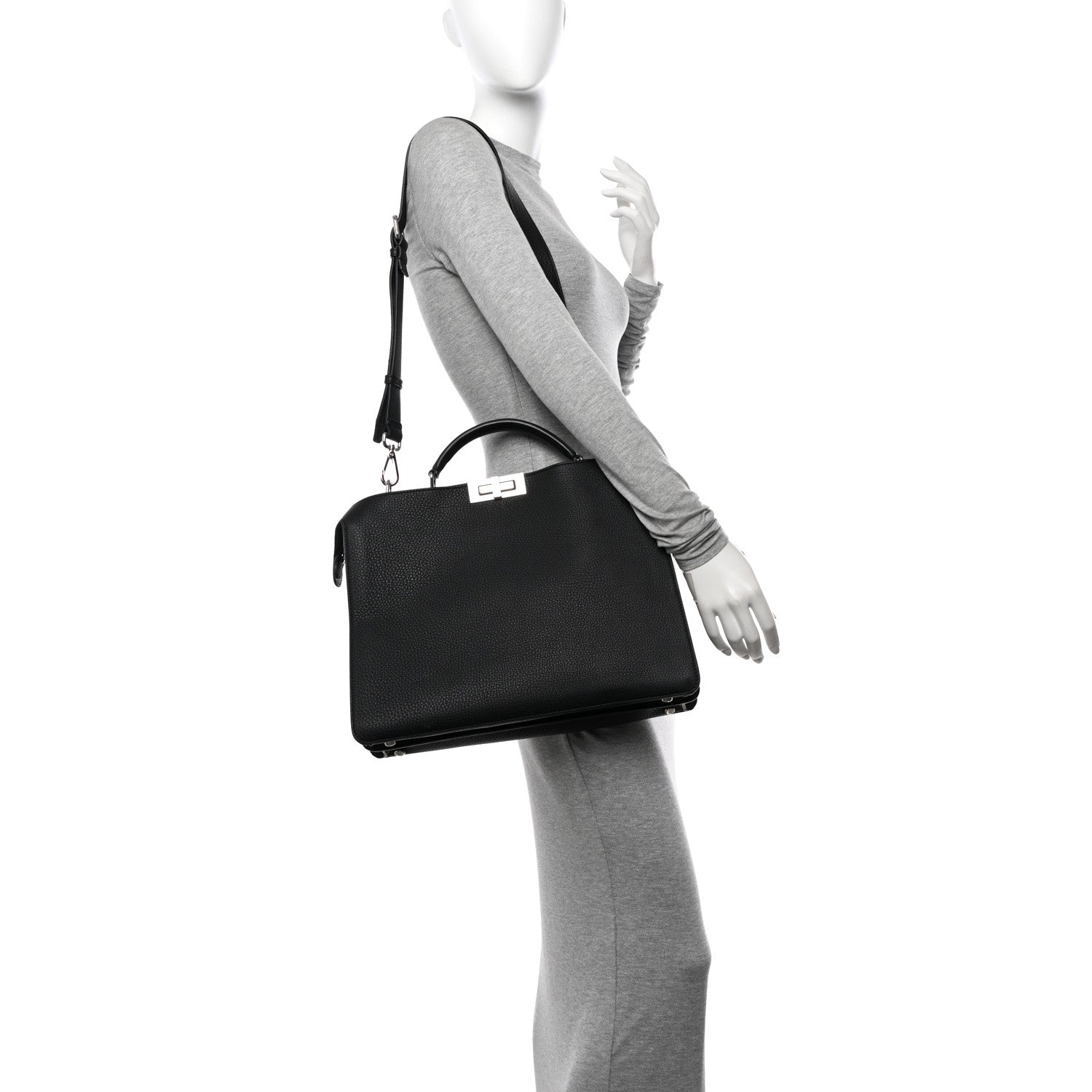 Fendi Cuoio Romano Vitello Cover Glazed Fabric Bi-Color FF 1974 Medium Peekaboo I SEE U Satchel Black Mimosa Tobacco Moro 2 of 10
