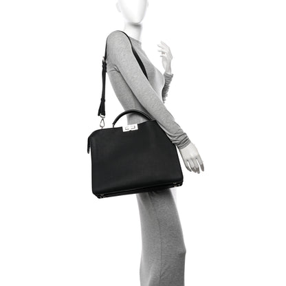 Fendi Cuoio Romano Vitello Cover Glazed Fabric Bi-Color FF 1974 Medium Peekaboo I SEE U Satchel Black Mimosa Tobacco Moro 2 of 10