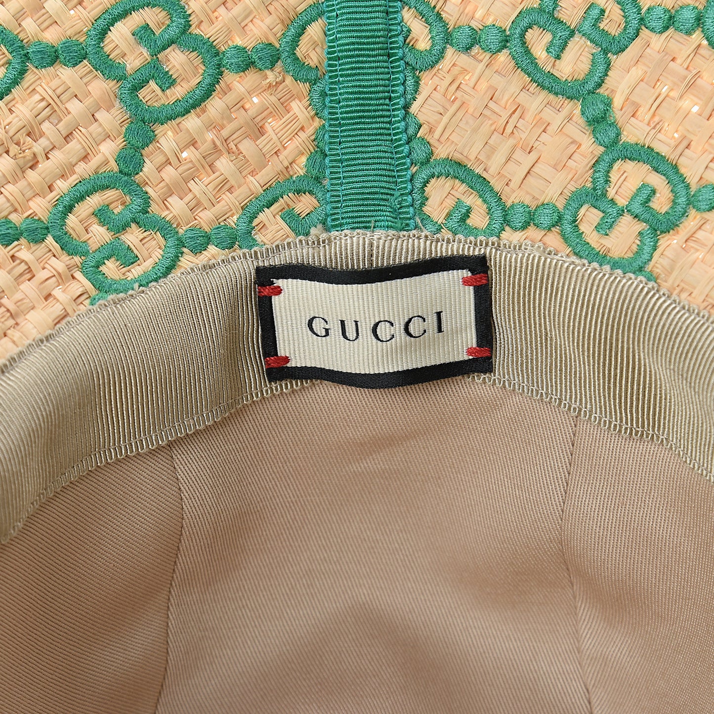 Raffia Elaphe GG Monogram Embroidered Wide Brim Hat Ivory Dark Green