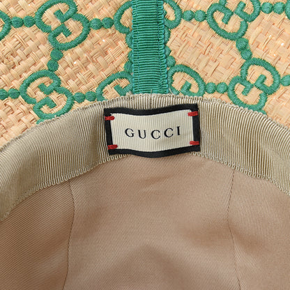 Gucci Raffia Elaphe GG Monogram Embroidered Wide Brim Hat Ivory Dark Green 4 of 6