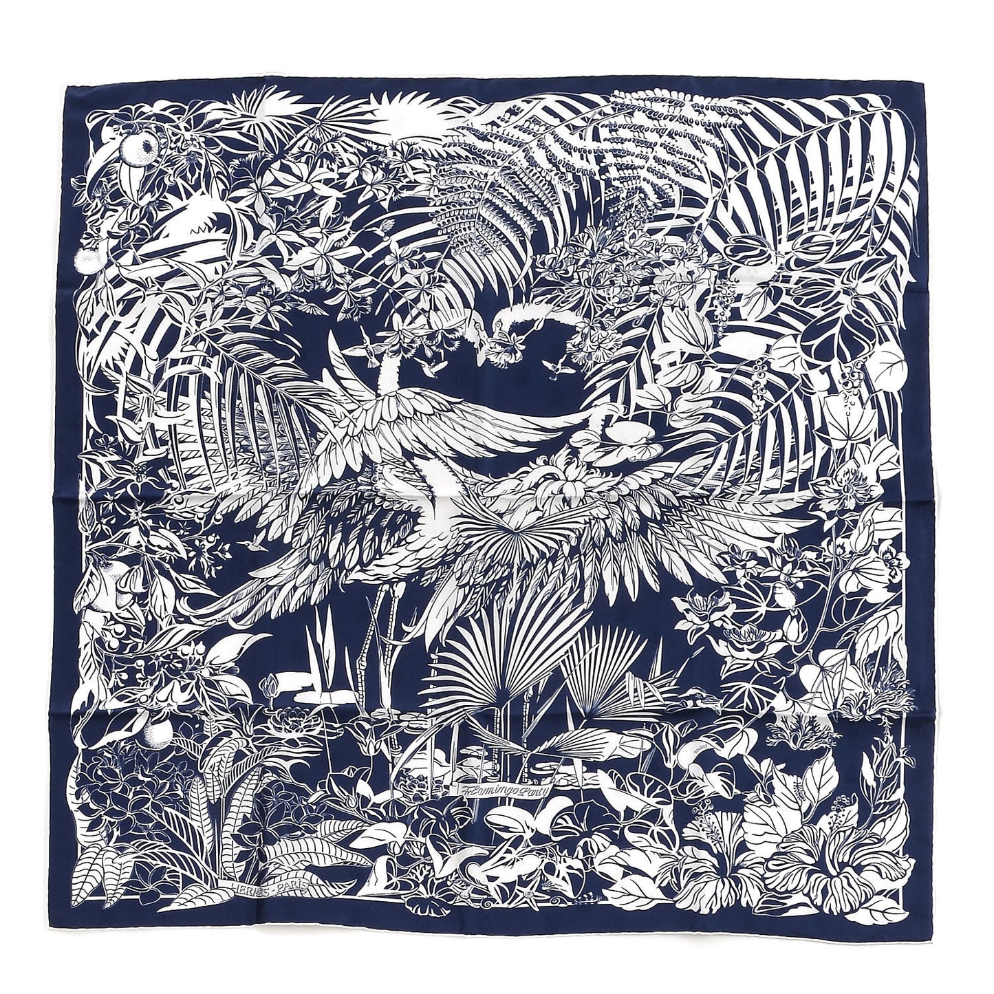 Silk Tatouage Flamingo Party Scarf 90 Bleu White