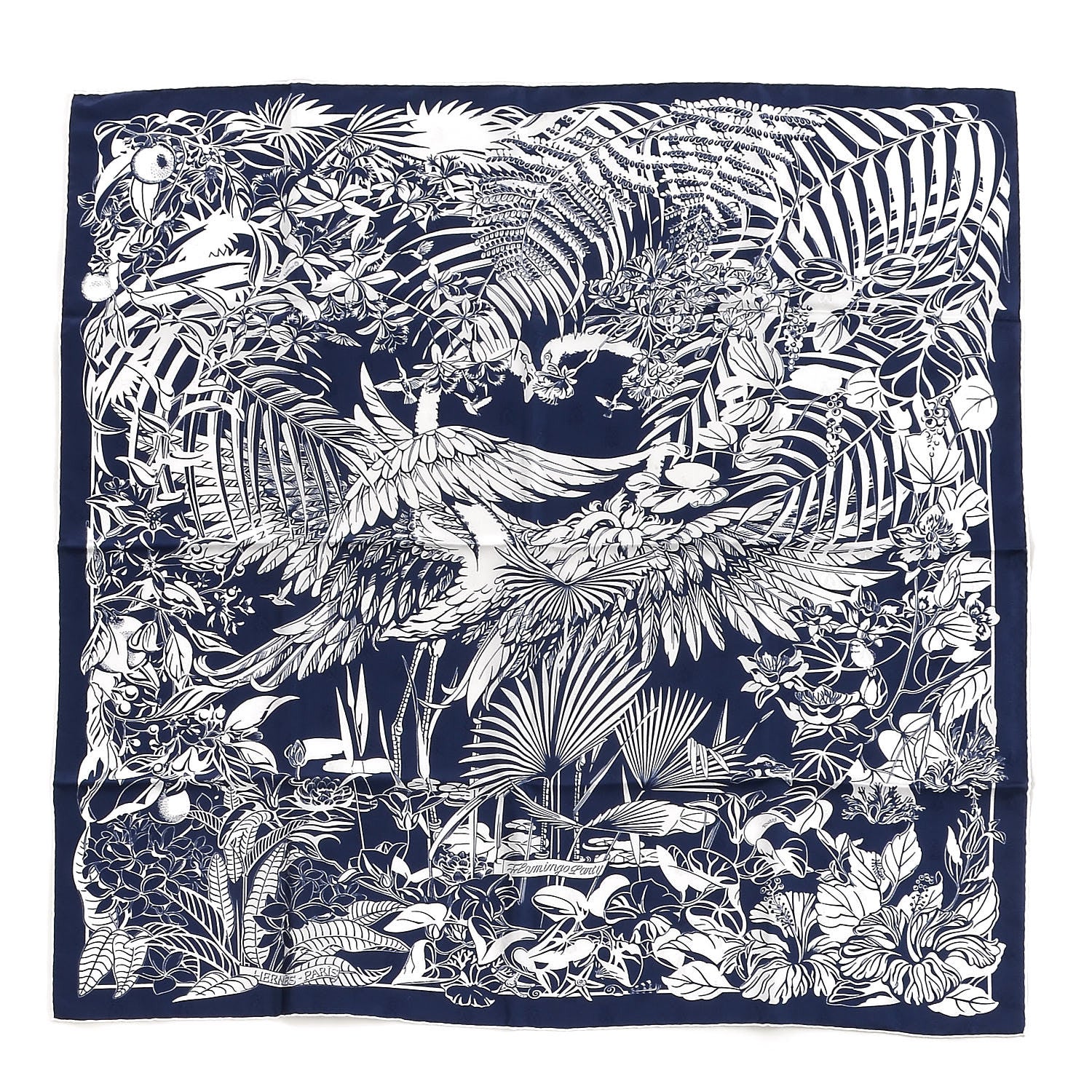 Hermes Silk Tatouage Flamingo Party Scarf 90 Bleu White 1 of 6