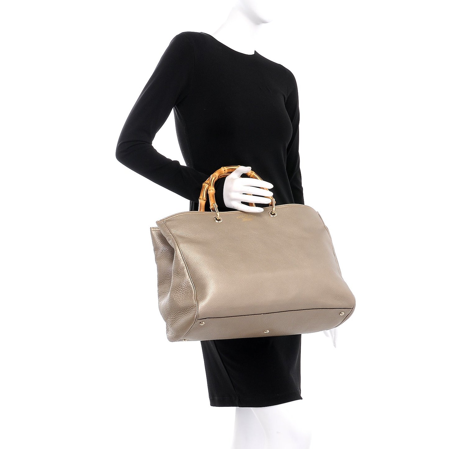 Metallic Pebbled Calfskin Large Bamboo Shopper Tote Golden Beige