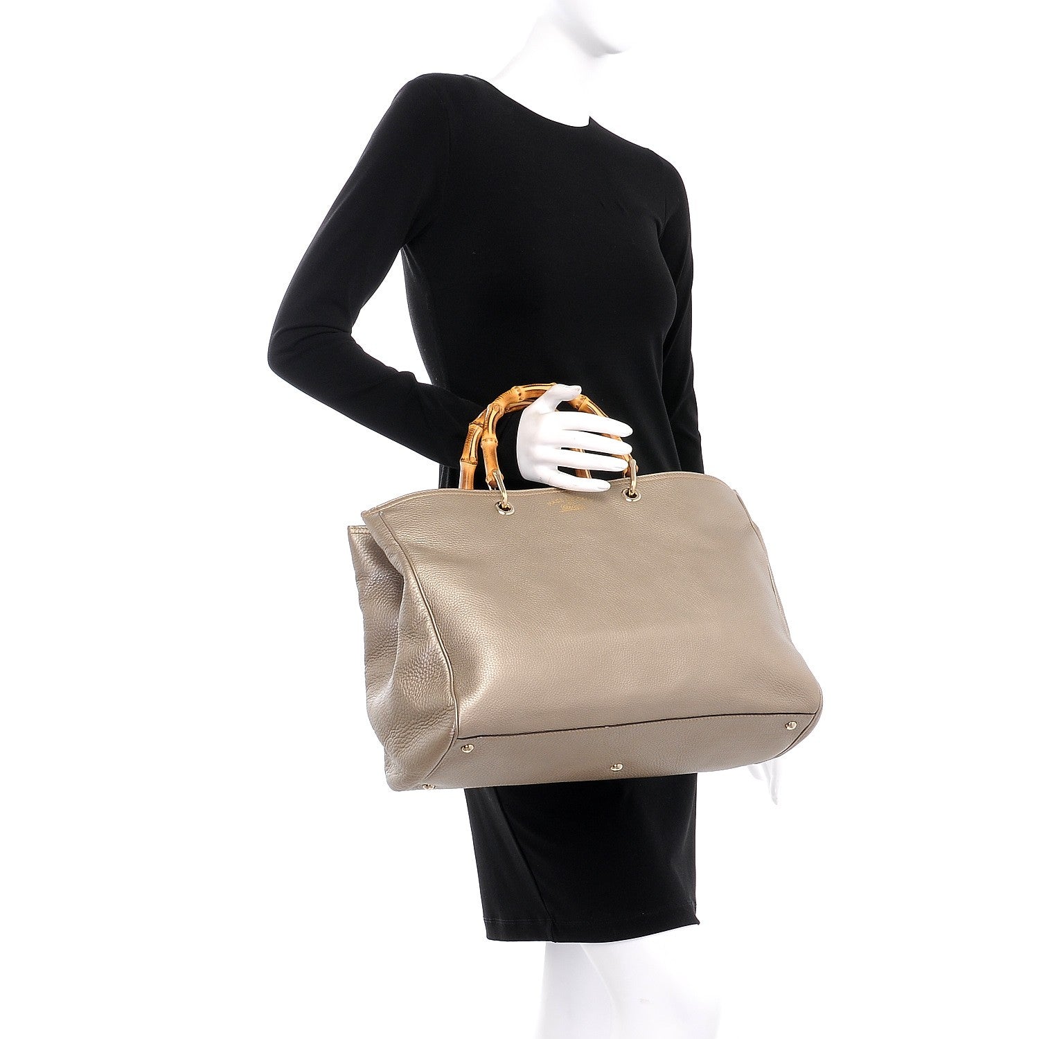 Gucci Metallic Pebbled Calfskin Large Bamboo Shopper Tote Golden Beige 3 of 10