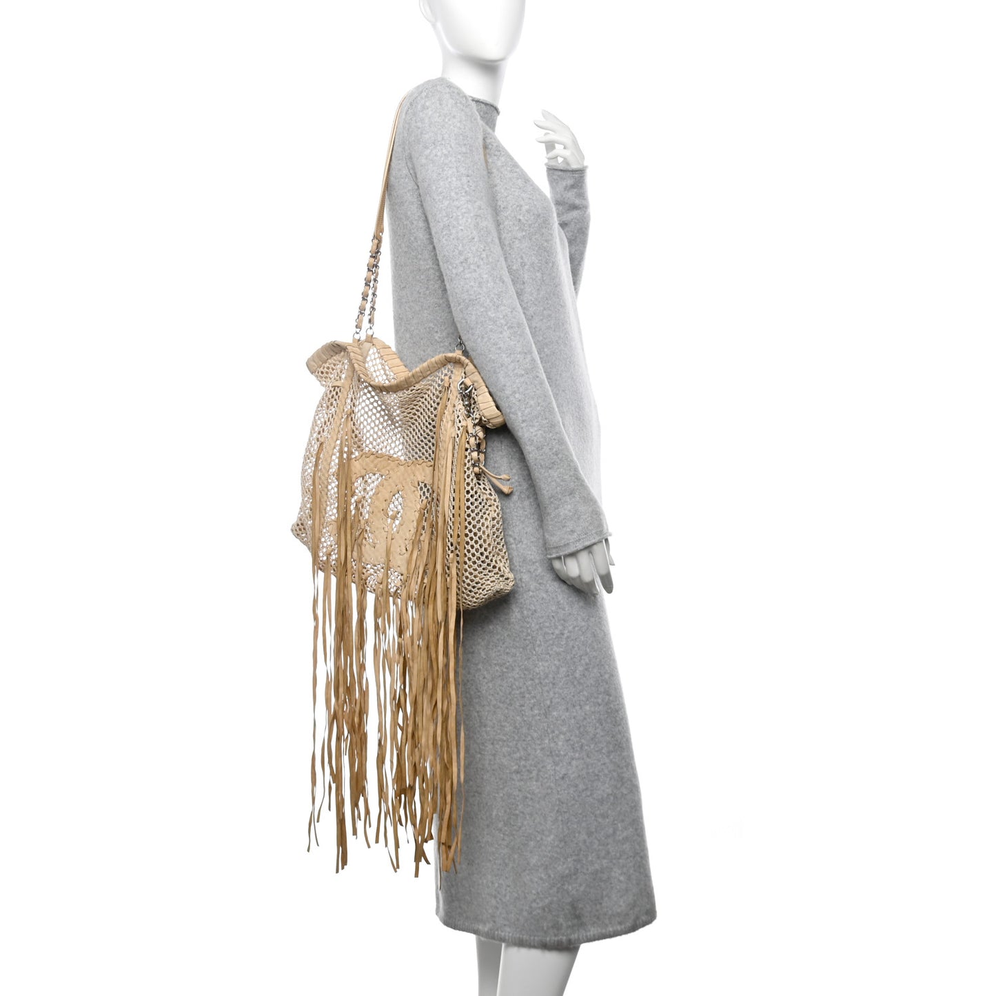 Calfskin Fringe Large La Madrague Tote Dark White