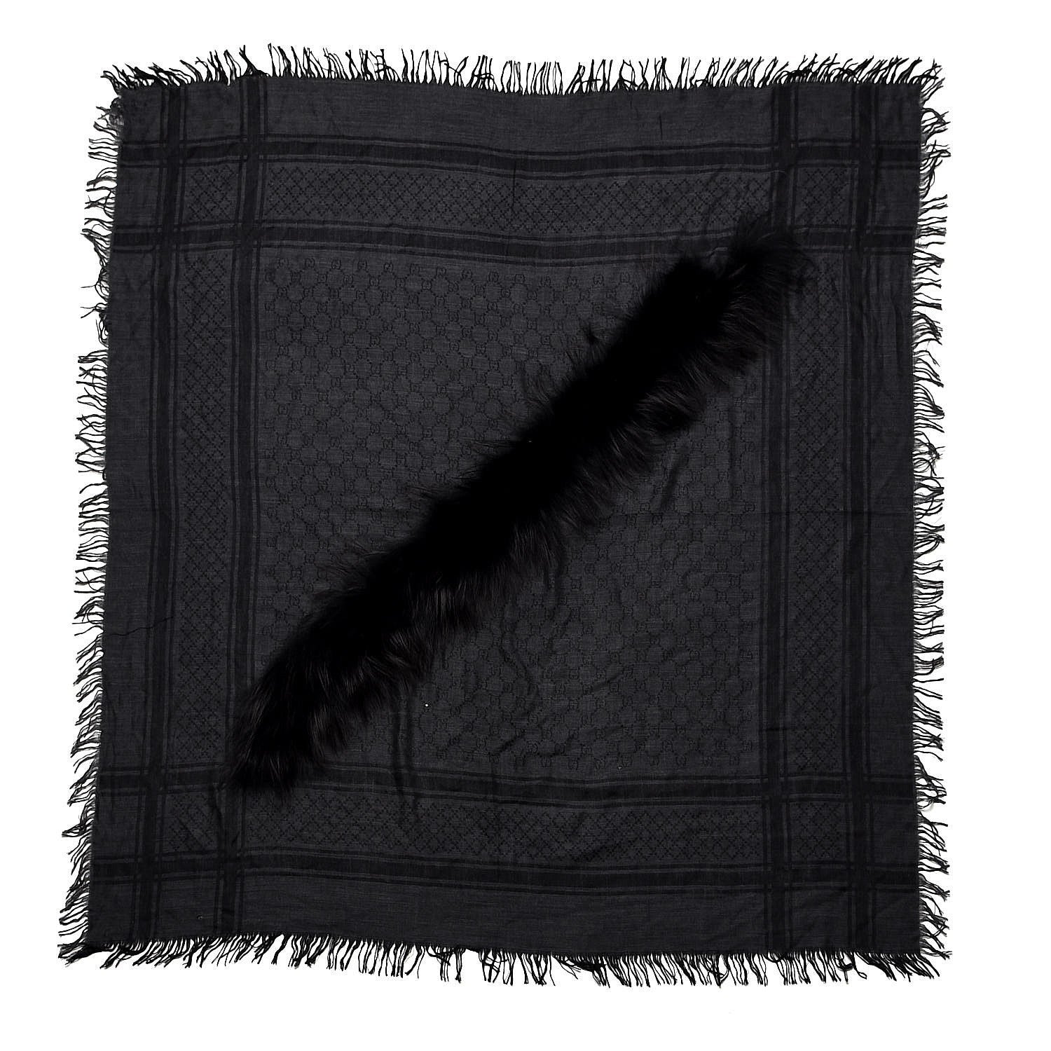 Gucci Wool Silk Fox Fur Monogram Shawl Scarf Black 3 of 3