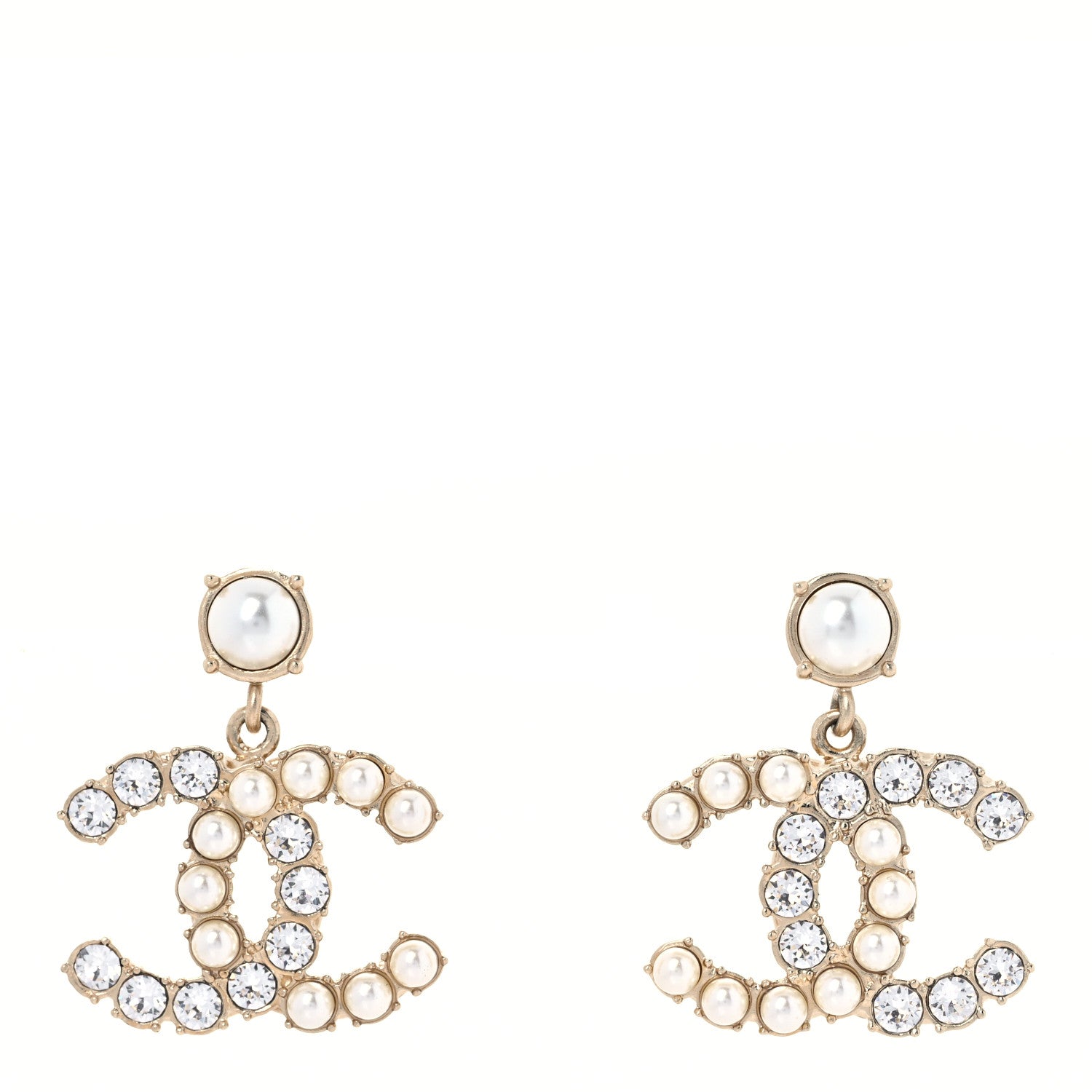 Chanel Crystal Pearl Dazzling Domino CC Drop Earrings Gold 1 of 5
