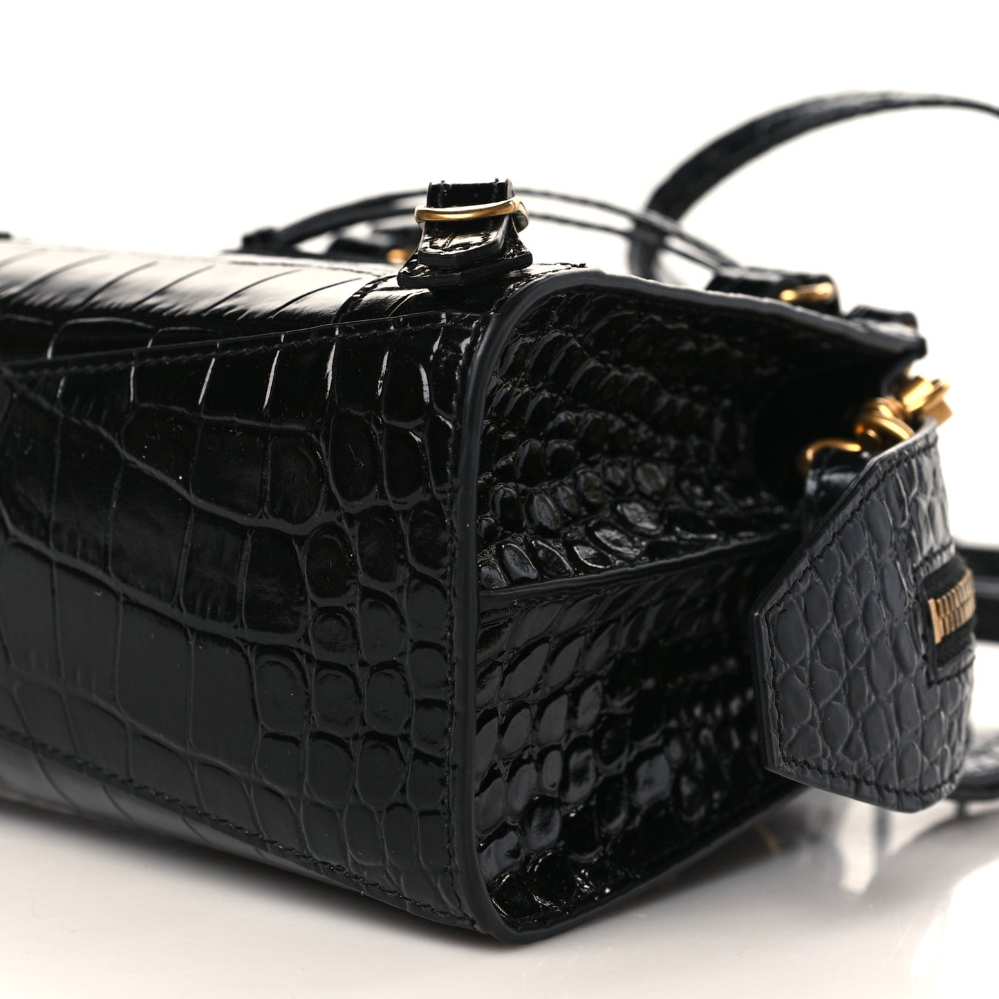 Shiny Supple Calfskin Crocodile Embossed Neo Classic Gold Hardware Mini City Black