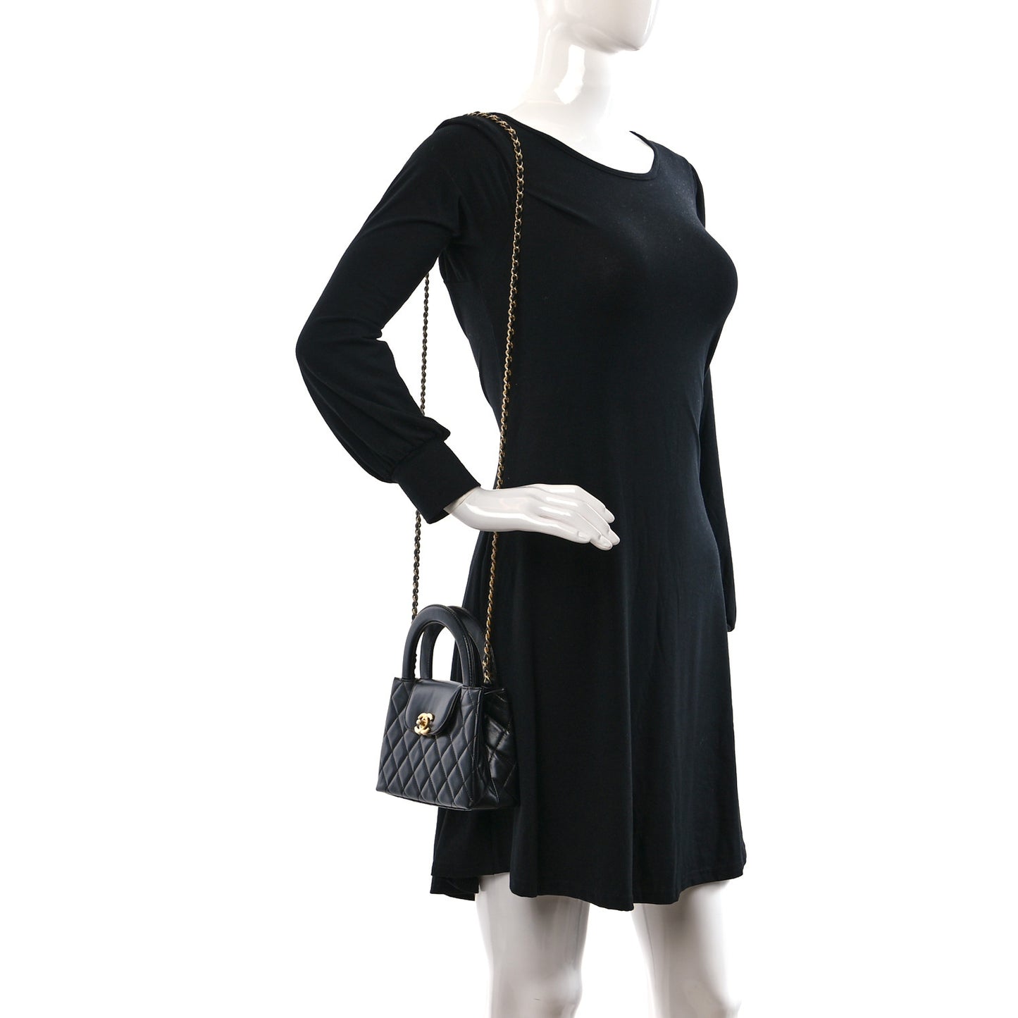 Shiny Aged Calfskin Quilted Nano Kelly Shopper Black