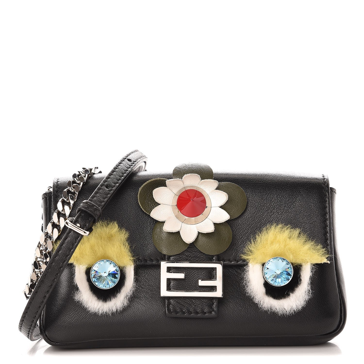 Fendi Shiny Nappa Rabbit Fur Crystal Flowerland Micro Buggie Baguette Black Mojito Multicolor 1 of 8