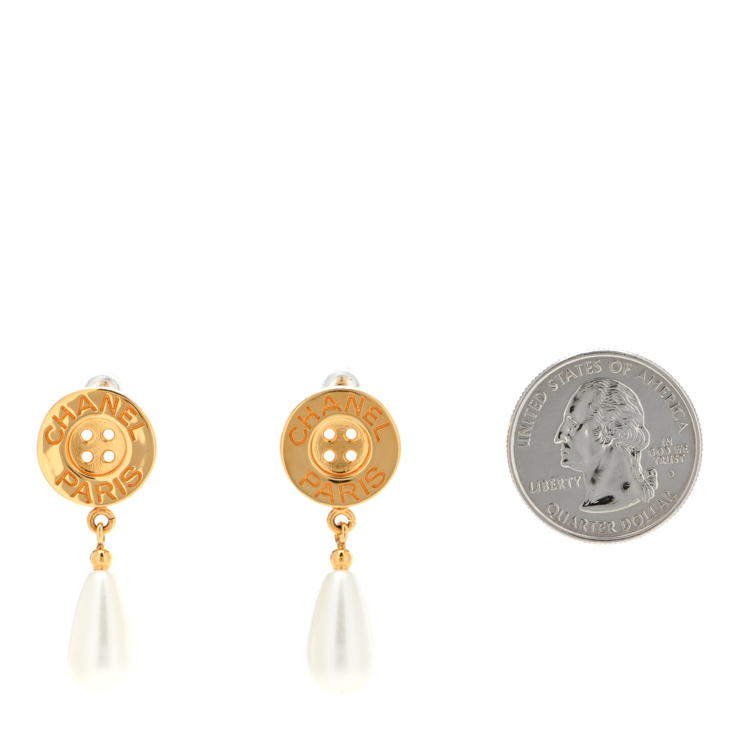Metal Pearl Paris Button Drop Earrings Gold
