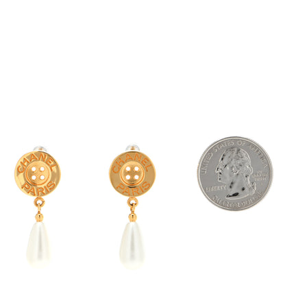 Chanel Metal Pearl Paris Button Drop Earrings Gold 2 of 4