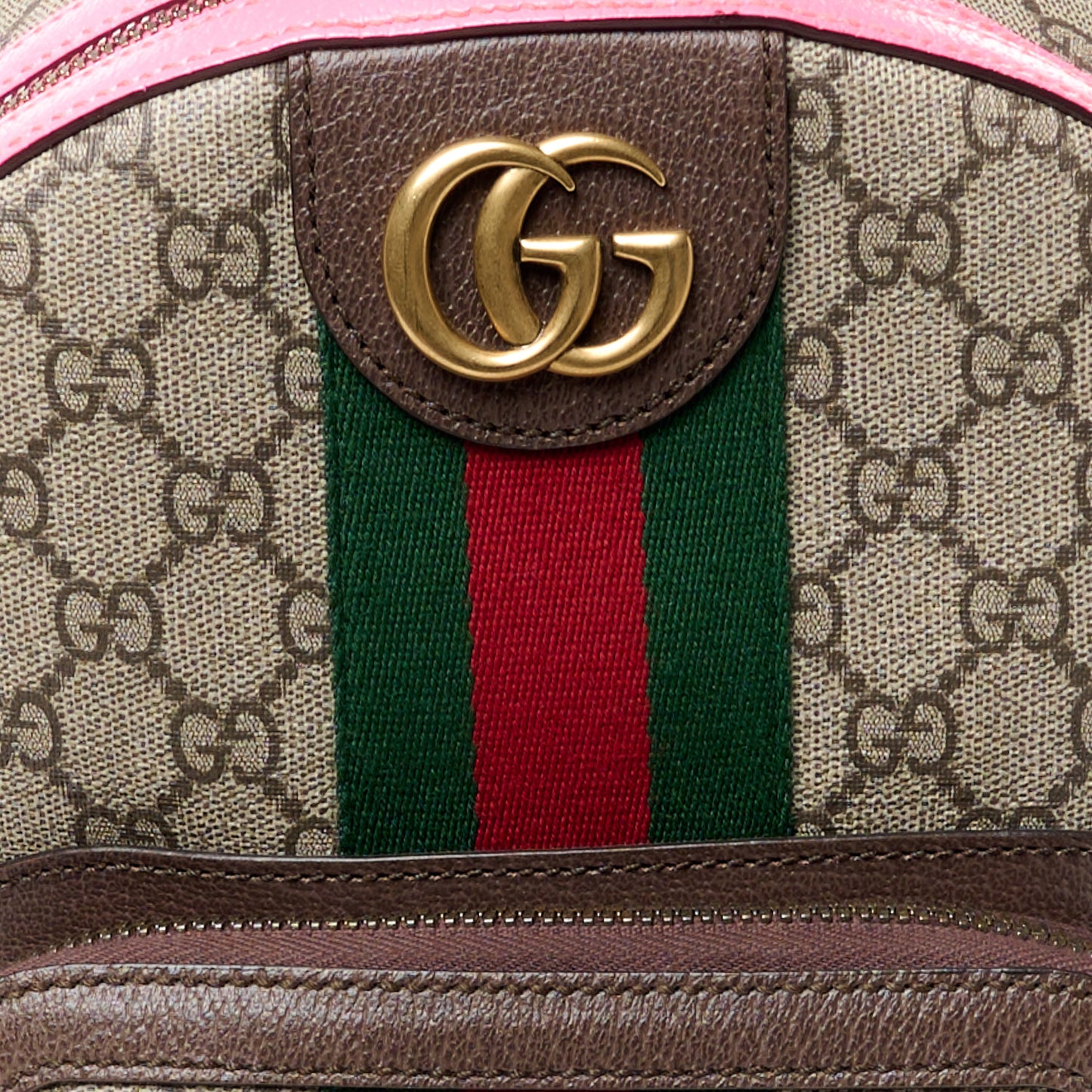 GG Supreme Monogram Textured Dollar Calfskin Web Small Ophidia Day Backpack Beige Ebony Fluorescent Fuchsia